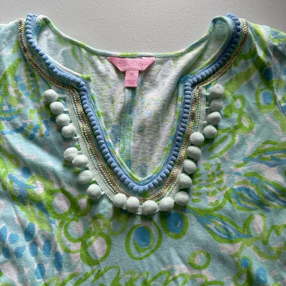 Lilly Pulitzer Green Harper Dress XS Women's Cotton Linen Pom‎ Pom Trim